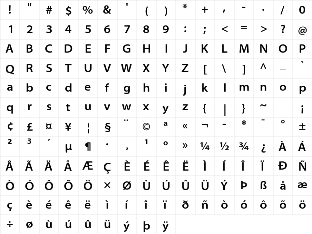 Myriad Pro Semibold SemiExtended  glyph index