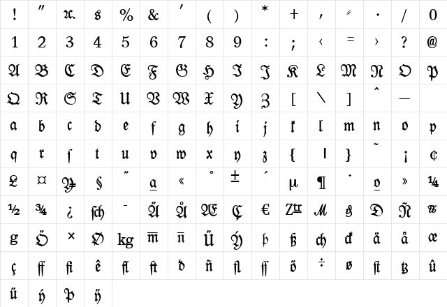 Leipzig Fraktur Bold Regular  glyph index