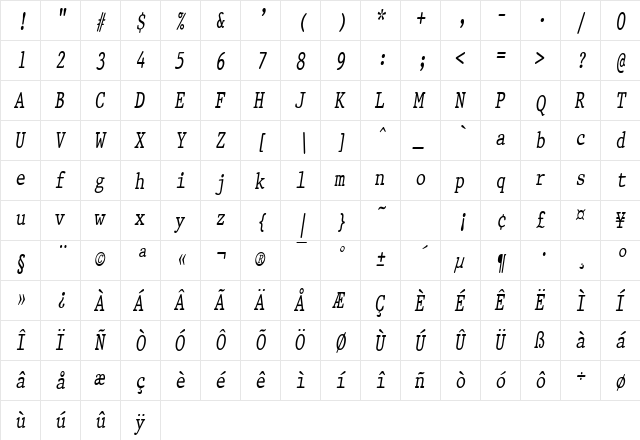 PrestigeCondensed Italic  glyph index