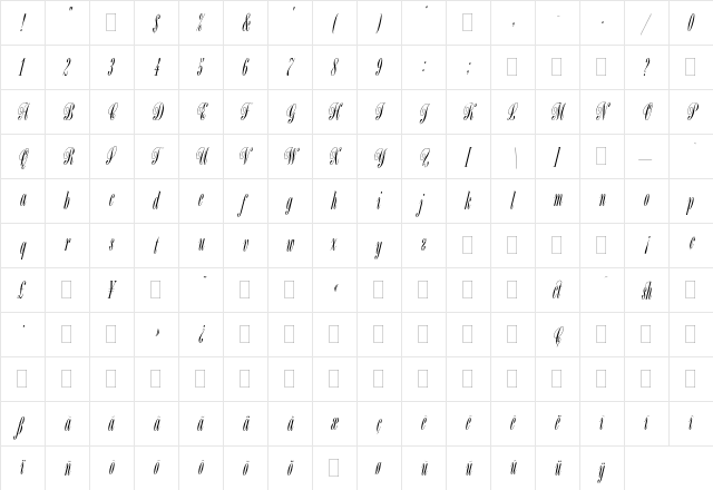 Bordeaux Script Plain  glyph index