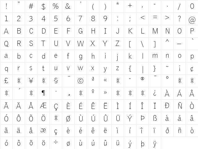 Griffith Gothic Thin Regular  glyph index