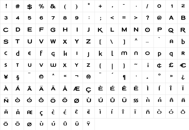 Copperplate Modern Bold Regular  glyph index