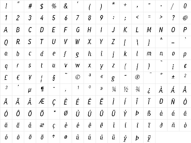 Ayumi Pro Medium Italic  glyph index