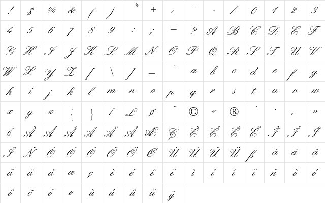 Englische Schreibschrift BQ Regular  glyph index
