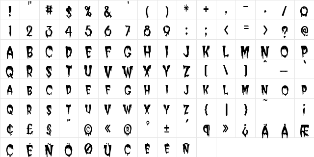 CreeperCondensed Regular  glyph index