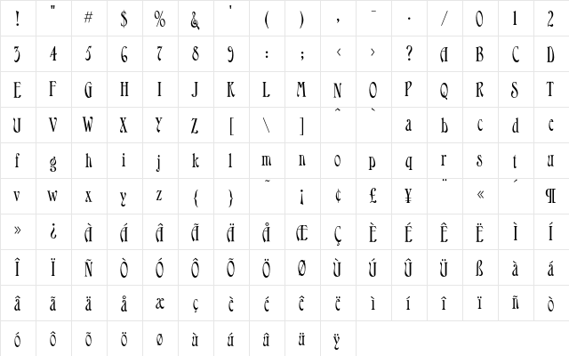Longfellow Regular  glyph index