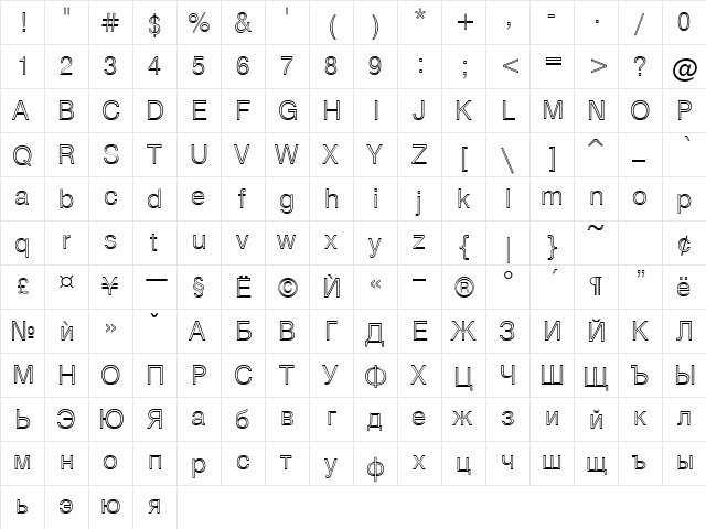 HebarOutline Normal  glyph index