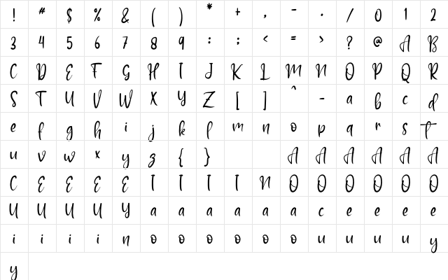 Barcelona Handwritin Regular  glyph index