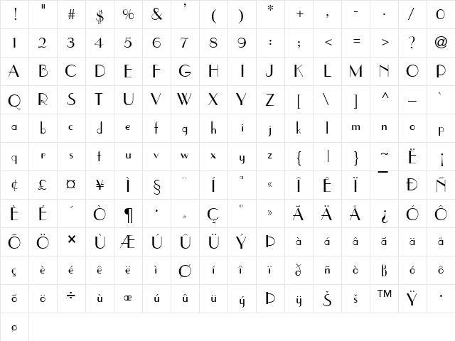 Elysee Normal  glyph index