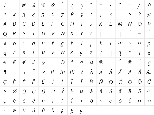 FreightSans BookItalic  glyph index