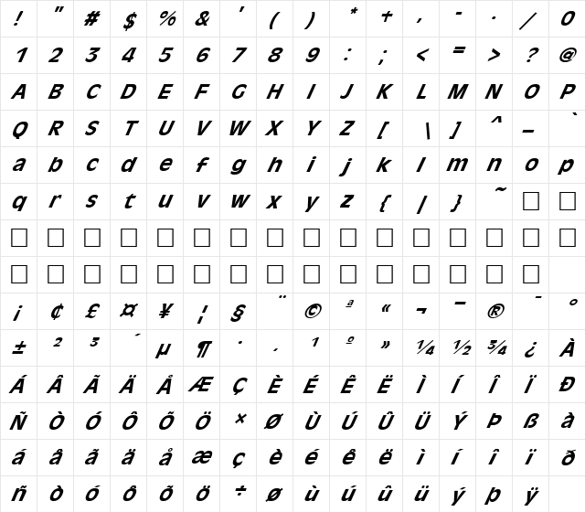 FZ BASIC 1 ITALIC Normal  glyph index