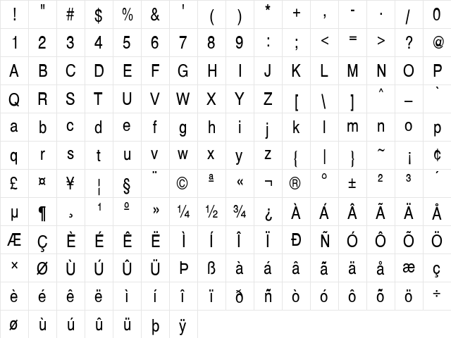 HelveticaCnd-Normal Regular  glyph index