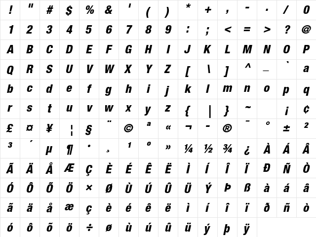 Helvetica Neue LT Std 87 Heavy Condensed Oblique  glyph index