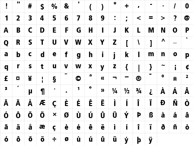 Frutiger77-CondensedBlack Black  glyph index