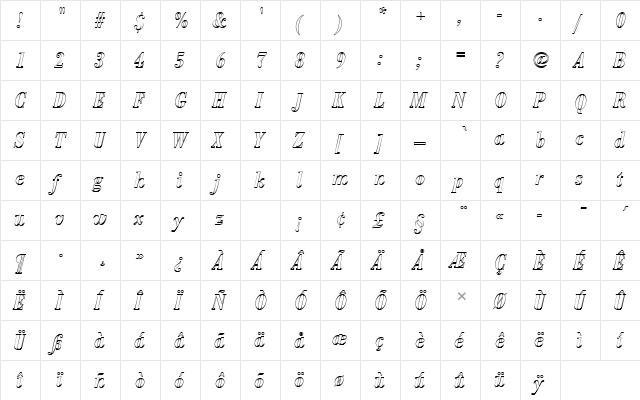 BodoniAntTDemBolConItaOu1 Regular  glyph index