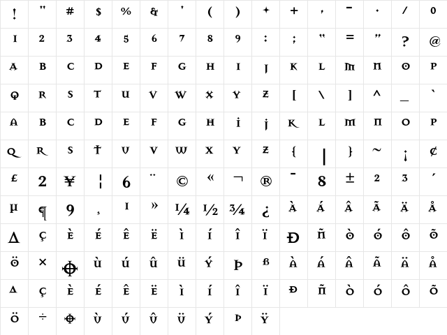 MansonSuper Bold  glyph index