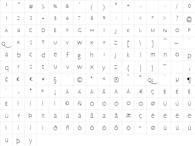 EricSans Regular  glyph index