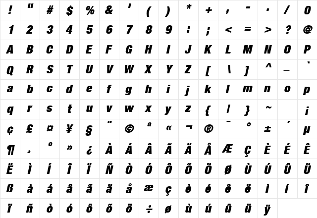 HeaveneticaCond9P UBlkOblSH  glyph index