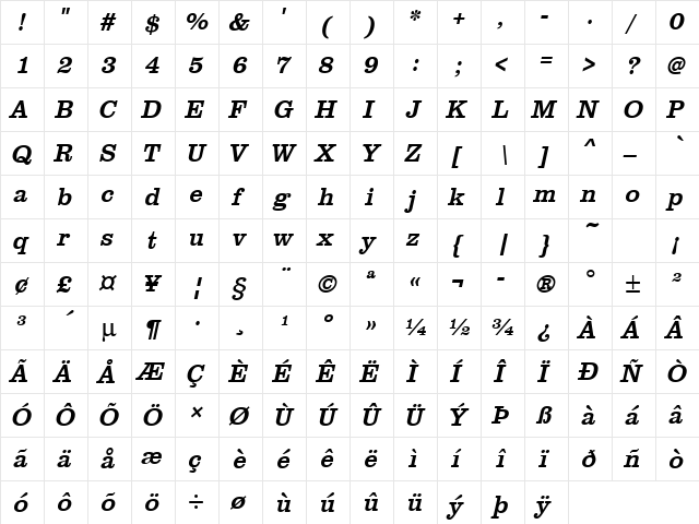 URWClarendonTNar Oblique  glyph index