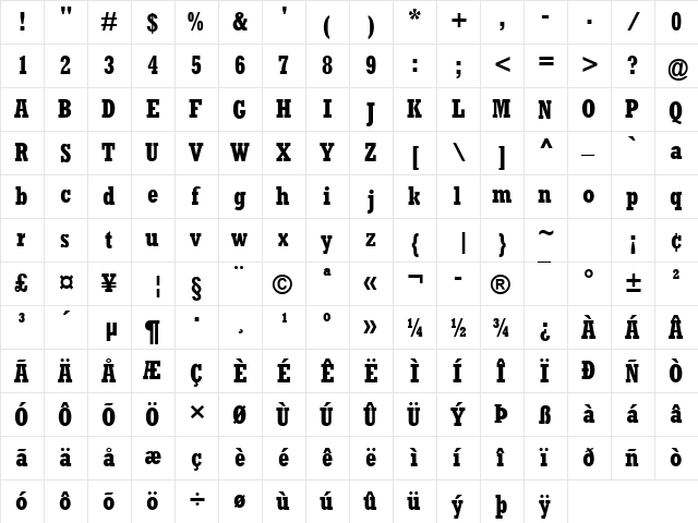 Rockwell MT Condensed Bold  glyph index