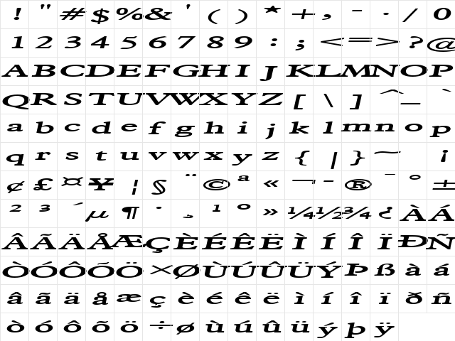 Nadine Extended BoldItalic  glyph index