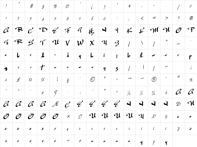 Flying Regular  glyph index