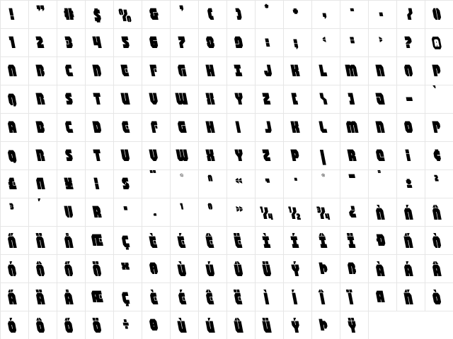 Shogunate Leftalic Italic  glyph index