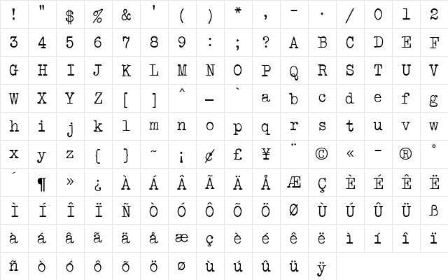 Bulletin Typewriter MN Regular  glyph index