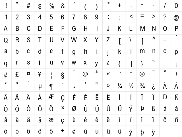 Arial MT Std Cond  glyph index
