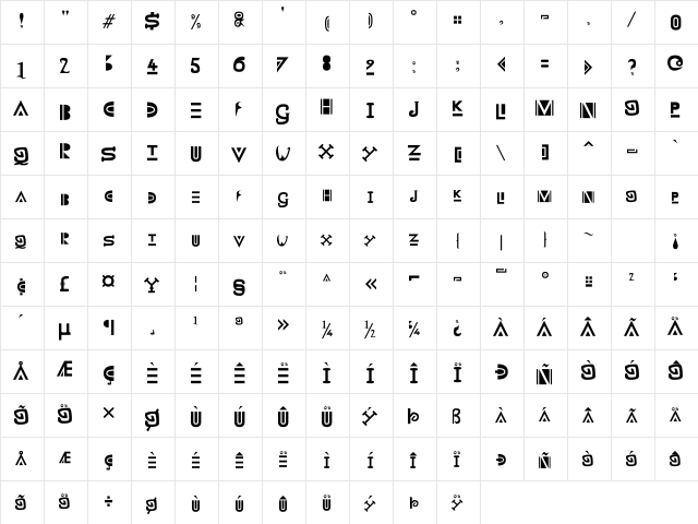 Zany Whatever It Means Regular  glyph index