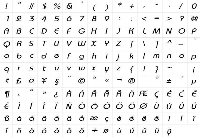 Bimini Wide Italic  glyph index