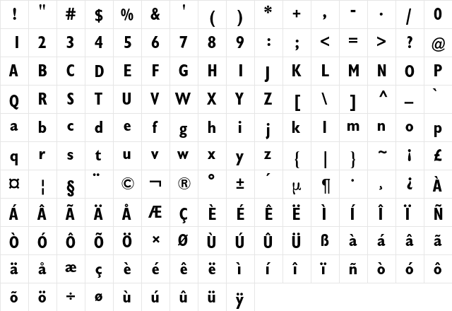 Gill Sans BQ Regular  glyph index