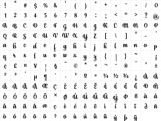 July Seventh Regular  glyph index