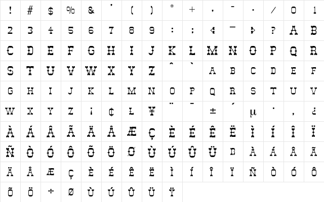 Bonanza Regular  glyph index