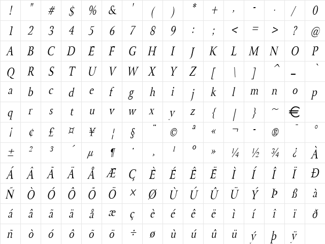 ArrayCondensed Italic  glyph index