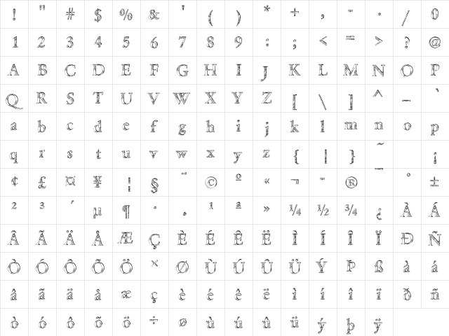 DTCGaramondM24 Regular  glyph index