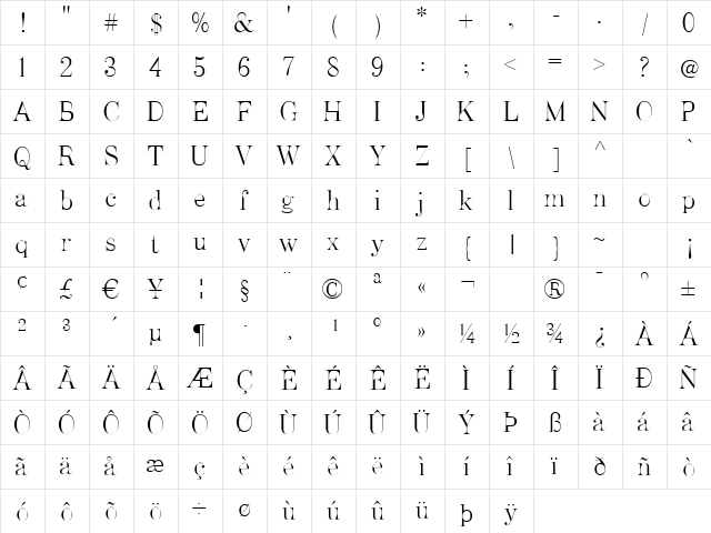 Artefact Light  glyph index