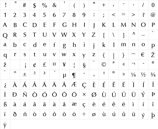 Optima LT Medium Regular  glyph index
