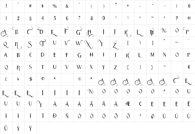 Traditian Regular  glyph index