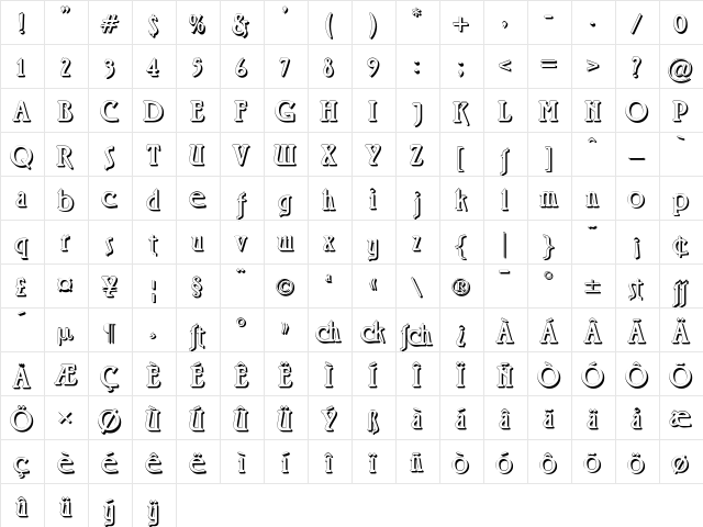 Rossano Shadow Regular  glyph index