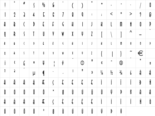 AsiaThin Normal  glyph index
