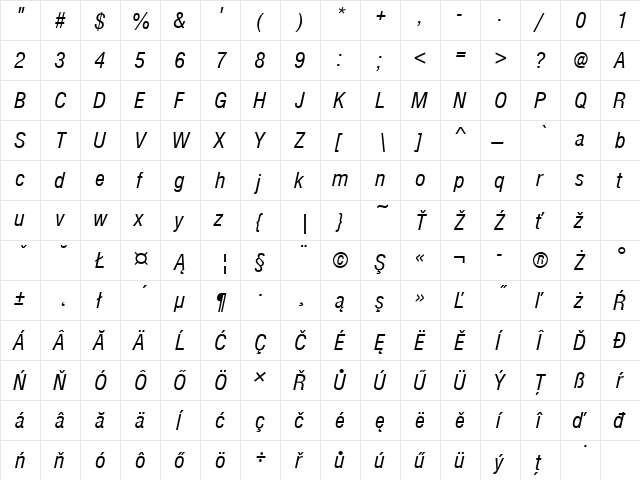 NimbusSanDEECon Italic  glyph index
