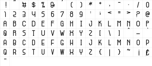 Skinny Buttom Regular  glyph index