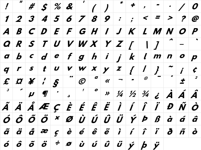 Hussar BdOblFour  glyph index