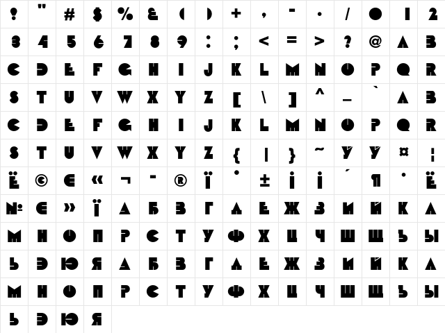 Bebit Regular  glyph index