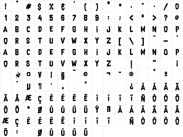 Supersonic Rocketship Regular  glyph index