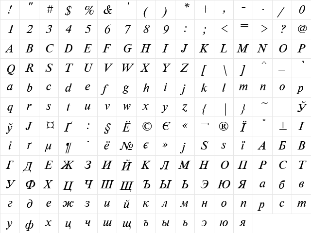 NewtonC Italic  glyph index