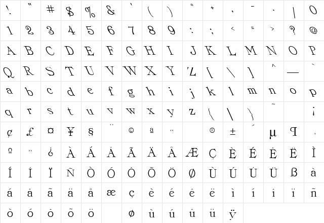 Prov Lite Lefty Regular  glyph index