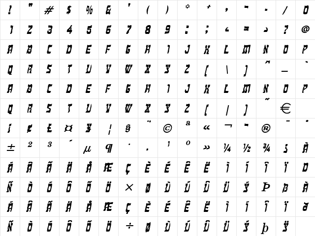 KosherCondensed BoldItalic  glyph index