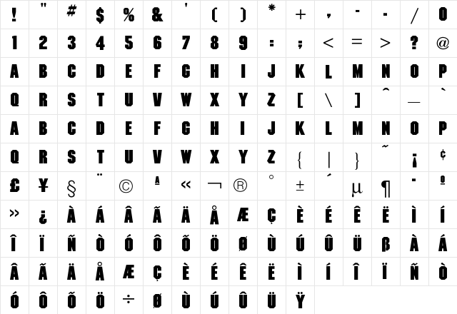 Machine Bold  glyph index